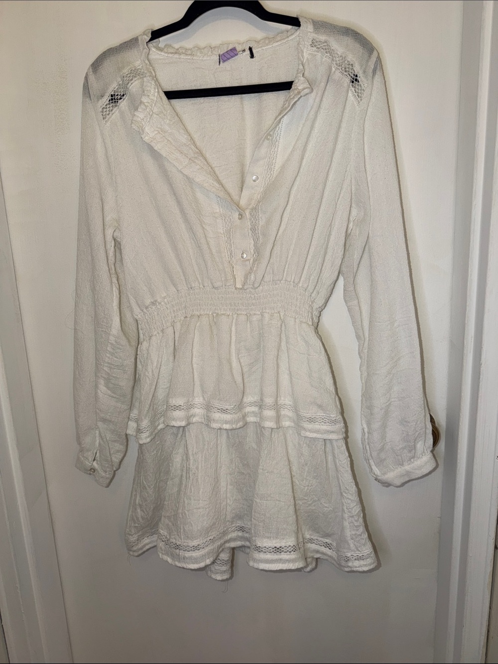 AQUA Boho Tiered Mini Dress in White